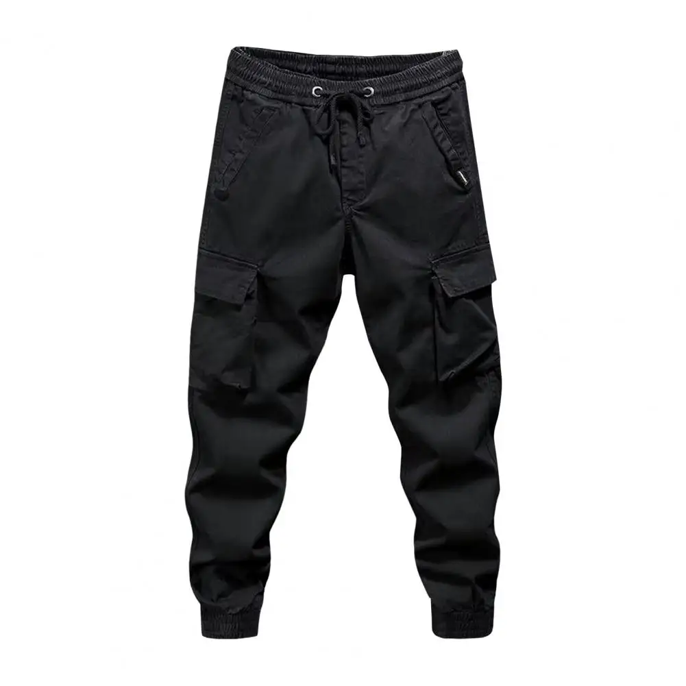 Fashion Solid Color Work Casual Multiple Pockets Men\'s Cargo Pants Classic Waist Drawcord Pure Cotton Youth Tide Male Trousers