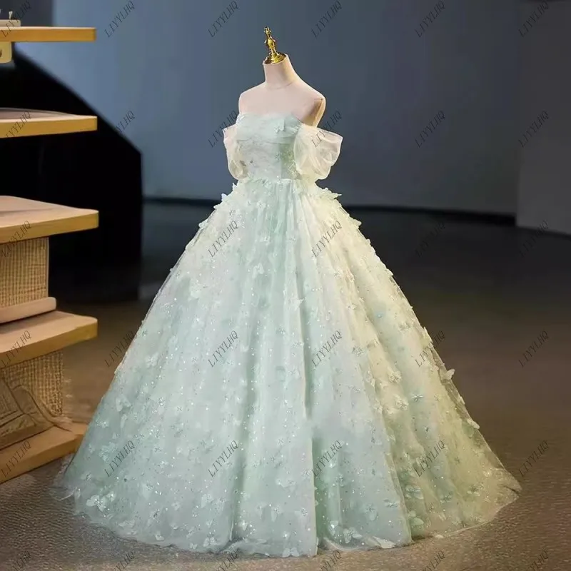 فستان Quinceanera مكشوف الكتفين ، زينة فراشة ثلاثية الأبعاد لامعة ، دانتيل زهور ، فستان كرة 16 حلو ، عيد ميلاد ، فستان الحفلة الخامس عشر ، أخضر بالنعناع