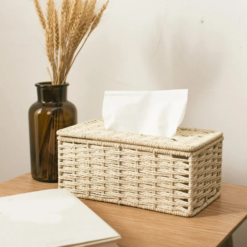 Rattan Tissue Box Vintage Napkin Holder Case Clutter Storage Container Cover Living Room Desk Decoration