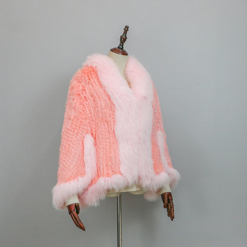 New Extra Long Real Genuine Natural Knitted Rabbit Fur Shawl Coat with Fox Fur Collar Women's Fashion Knit Jacket Cape