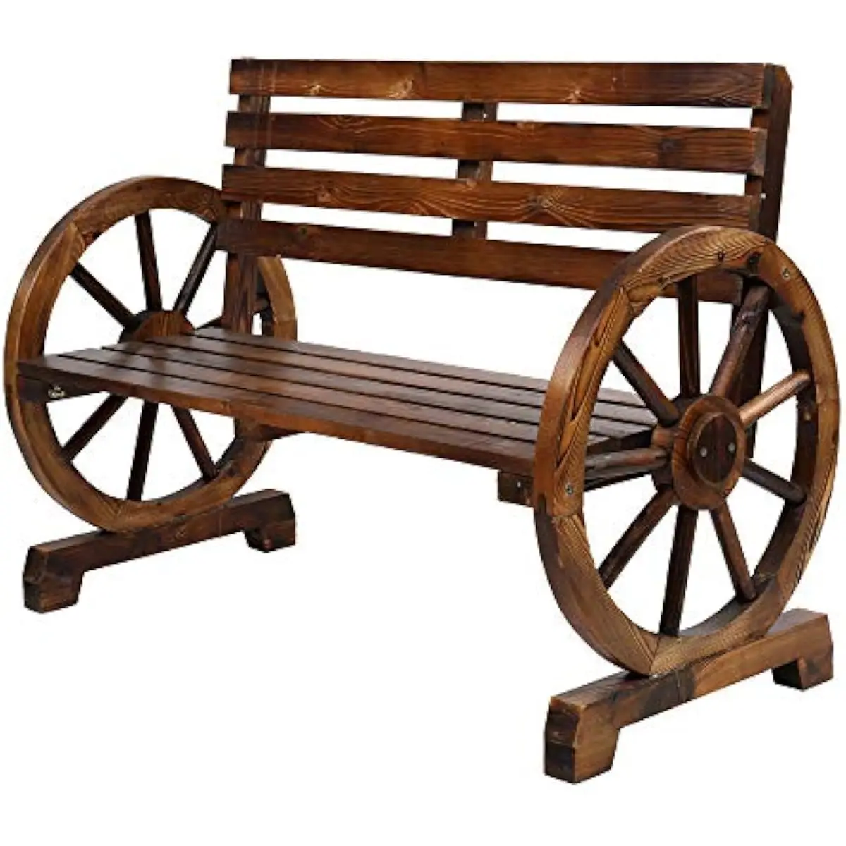 Rustic Firwood Outdoor Bench with Wagon Wheel Armrests Designed for Two Adults 41.1 Inch Long Durable Carbonized Finish Weather