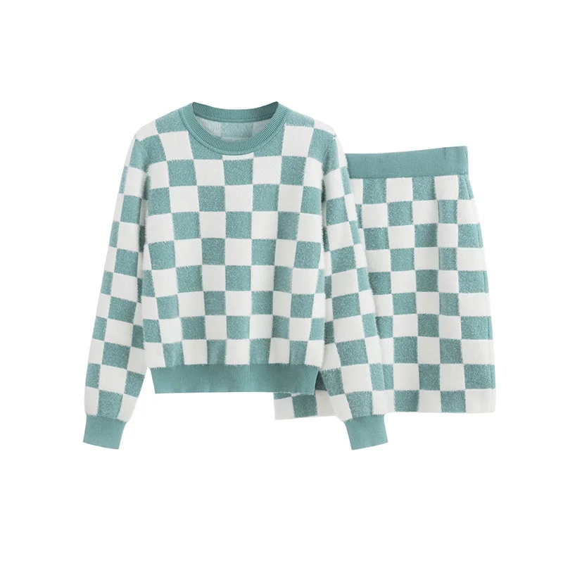 Ladies' Blue and White Checkered 2-pcs Knitted Set Coat+Skirt 2026 New Spring and Autumn Small Fragrant Style Stripe Set