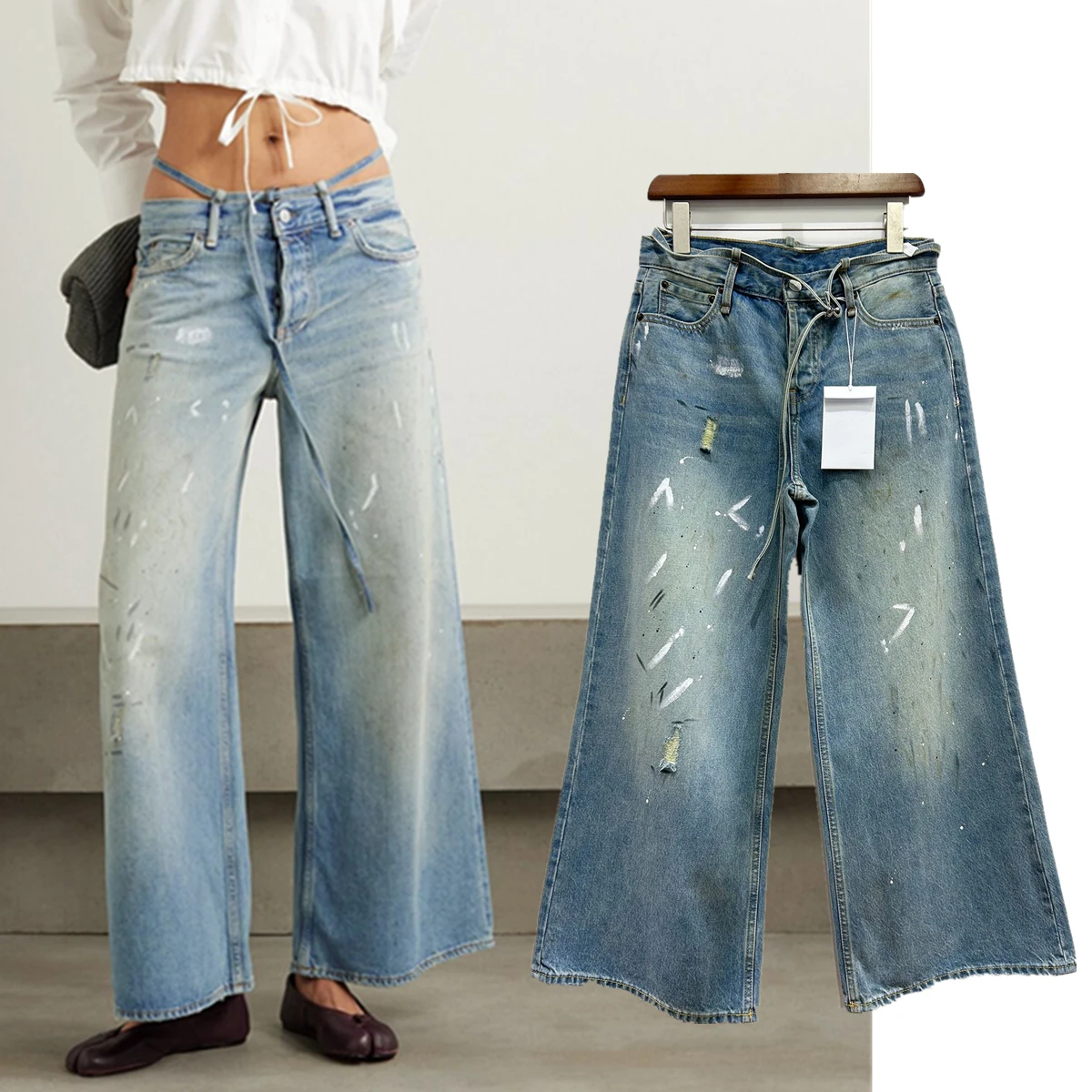 Jenny&Dave Vintage Mom Jeans High Street American Distressed Harem Jeans Wide Leg Denim Pants Splashed Ink Tied Jeans Women