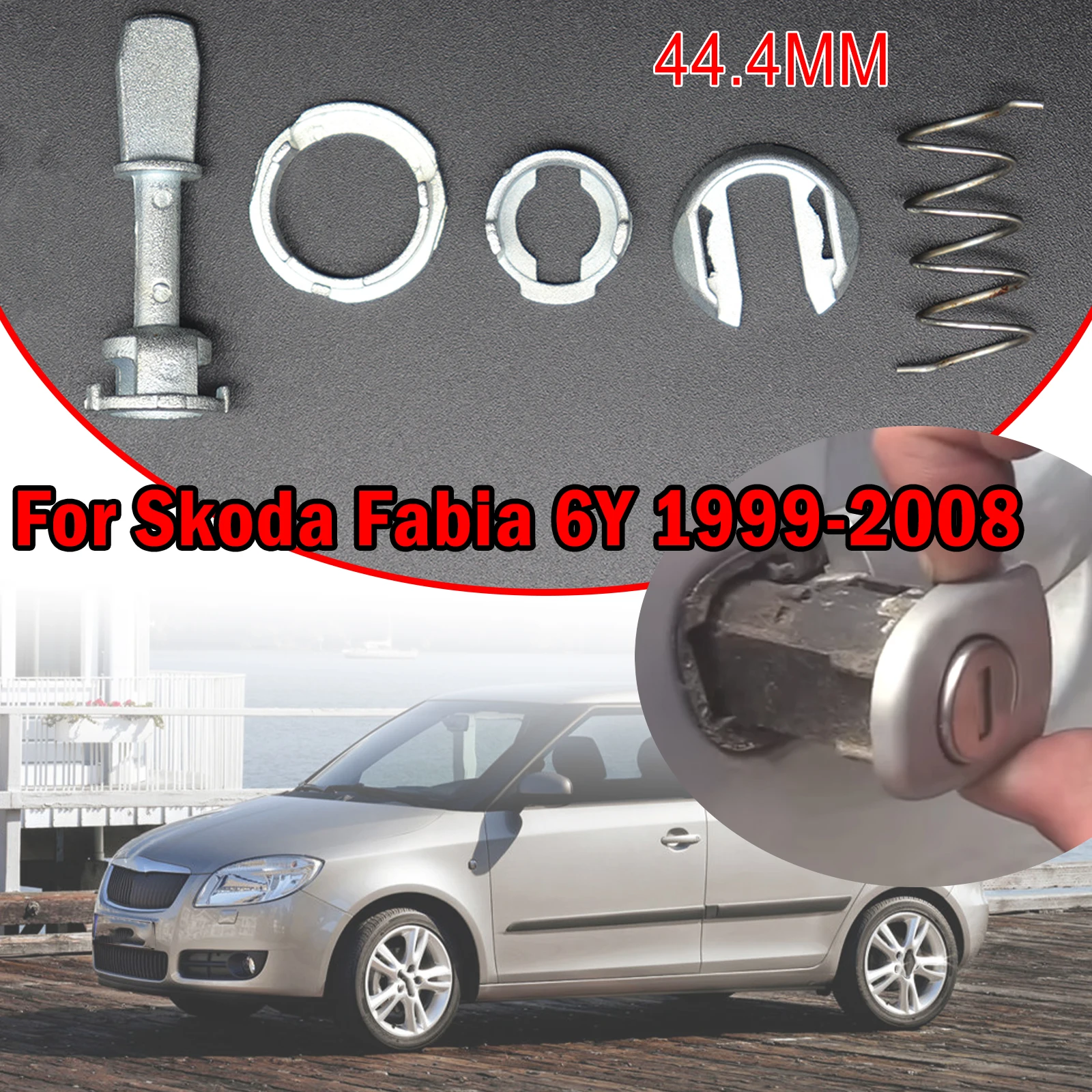 

5pcs/set Front Door Handle Lock Cylinder Barrel Paddle Repair Kit 44.4MM Tool Kit Replacement For Skoda Fabia 6Y 1999 2000- 2008