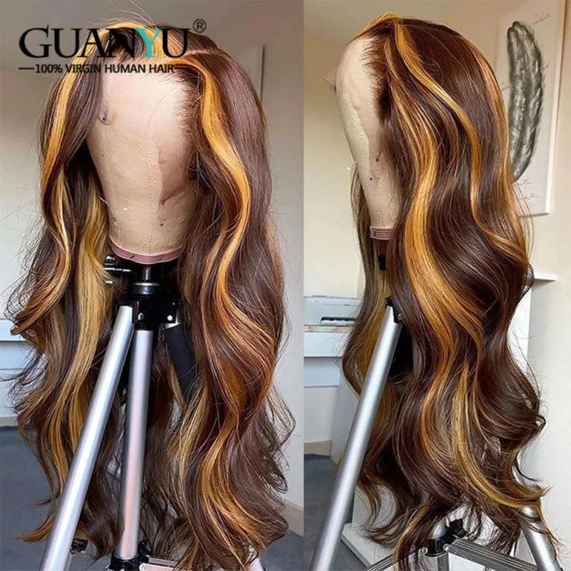 Highlight #4/27 Colored Body Wave Brazilian Human Hair Wigs For Women Honey Blonde Long Lace Front Wig Pre Plucked