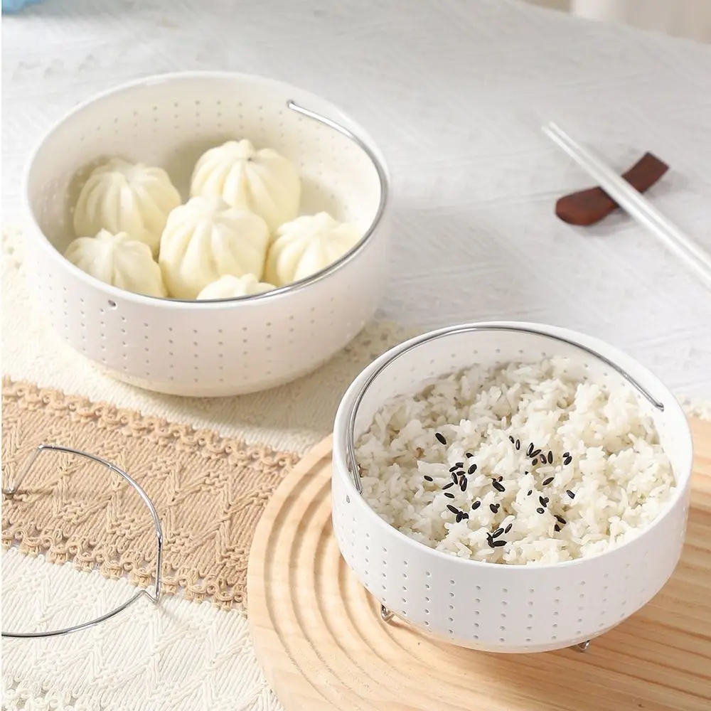 White Ceramic Rice Steaming Bowl Perforated with Stand Kitchen Steaming Tray With Handle Effective Sugar Removal