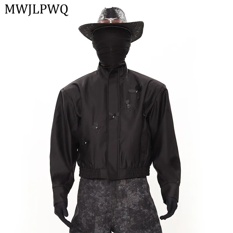 

MWJLPWQ Dark Spliced Shoulder Pad Stand Collar Jacket Men's Elegant High-End Design Long Sleeve Short Casual Tops Street 11607