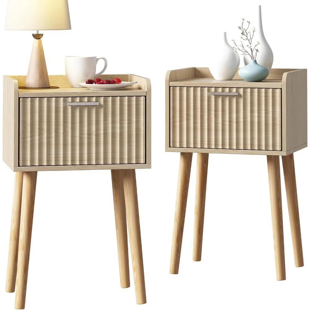 

Nightstand Set of 2, Small Bed Side Table with Fluted Door, End Table with Solid Wood Legs, Mid-Century Bedside Table