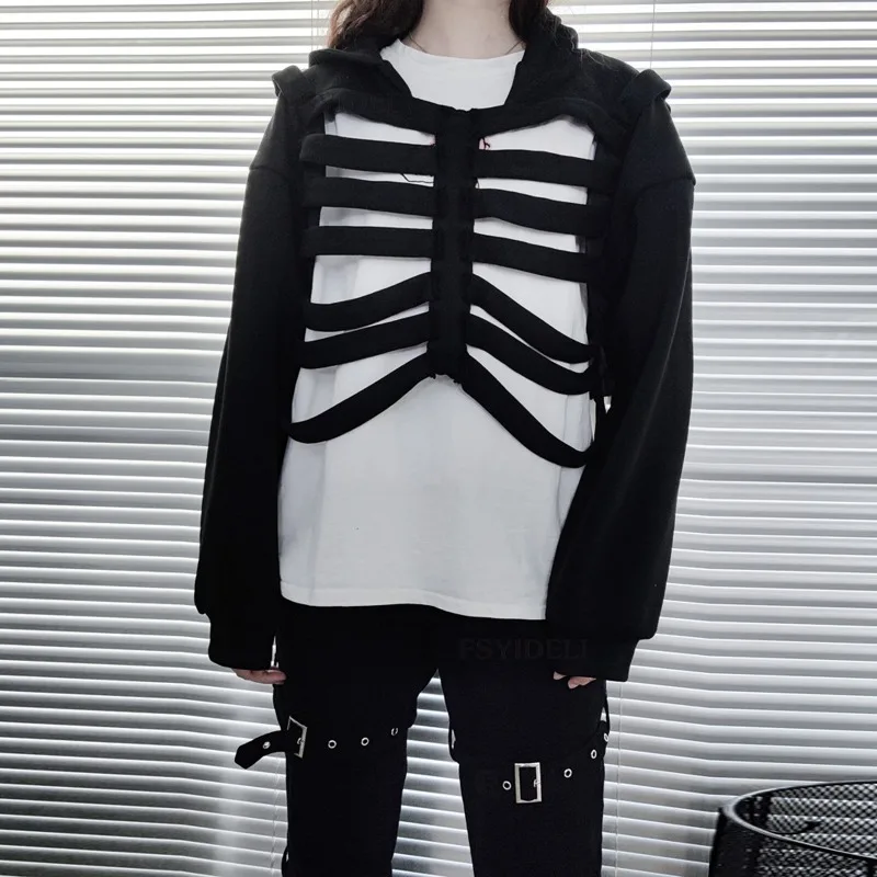 Halloween Solid Skeleton Hollow Out Hooded Sweatshirts Women Long Sleeve Loose Casual Pullovers Hoodies Harajuku Streetwear Tops