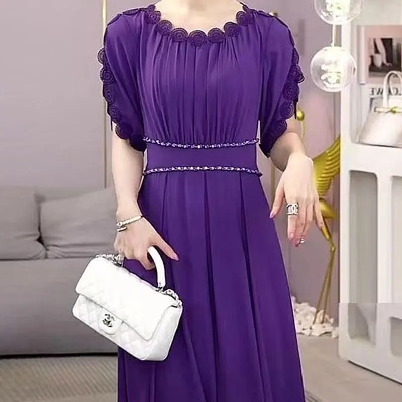 Summer Elegant Petal Sleeve Dresses Stylish Lace Spliced Pleated Women's Clothing Waist Chic Beading Casual O-Neck Long Dress