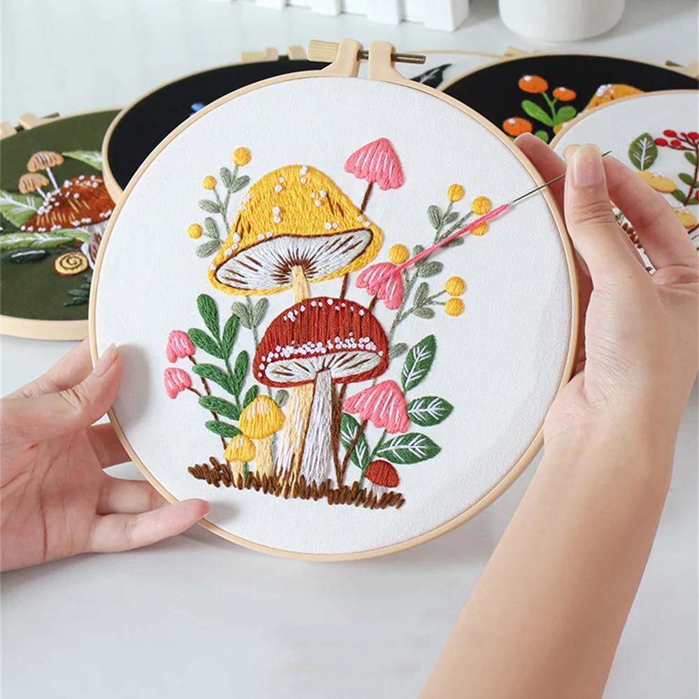 Mushroom Embroidery Kit with Hoop DIY Hobby Embroidery Kit Handcraft Work Needlework Cross Stitch Set Decoration Christmas Gift