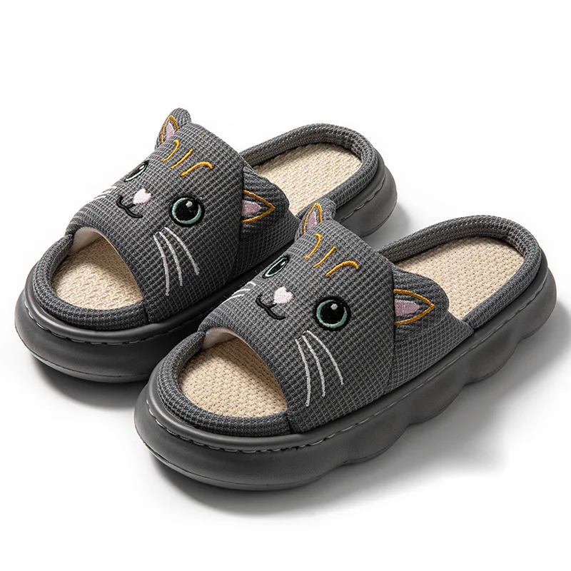 

New summer cat slippers huggable animal slides shoes for women odorless kitty mules linen home slipper breathable shoes woman