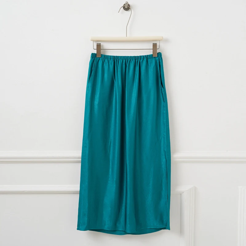 ﻿﻿Autumn Women's Skirt Satin Texture Peacock Blue Midi Skirt Elastic Waist Slit Straight Tube Mid-Length Jupe y2k vestiti