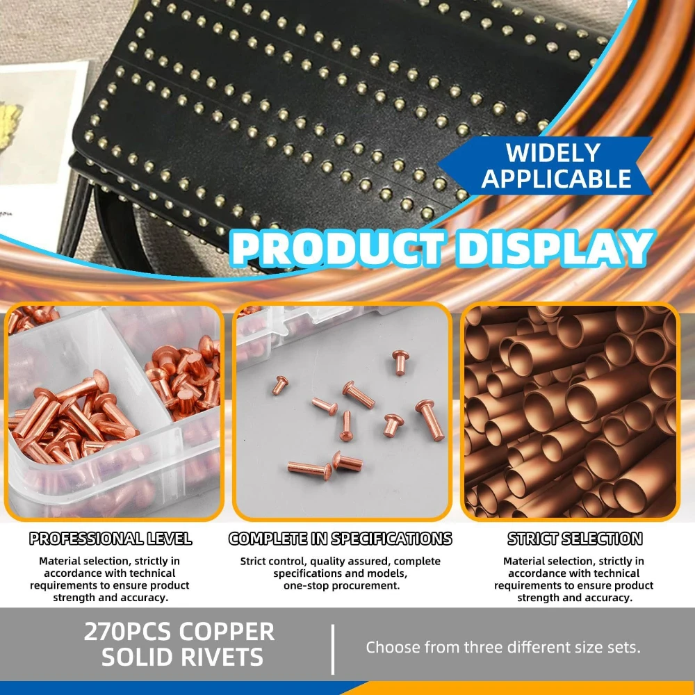 

270Pcs M2 M2.5 M3 Flat/Round Head Metal Solid Rivets Self Plugging Knock-on Rivet Copper Fasteners for Rivet Leather Supplies