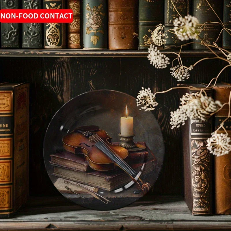 1pc Vintage Ceramic Decorative Plate with Violin, Candle & Books Design - Non-Food Contact, Ideal for Jewelry Display, Home,