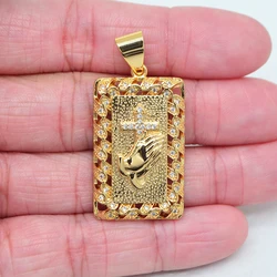 High Quality Gold Color Clear Cubic Zirconia Rectangle Cross Praying Hand Pendant Jewelry