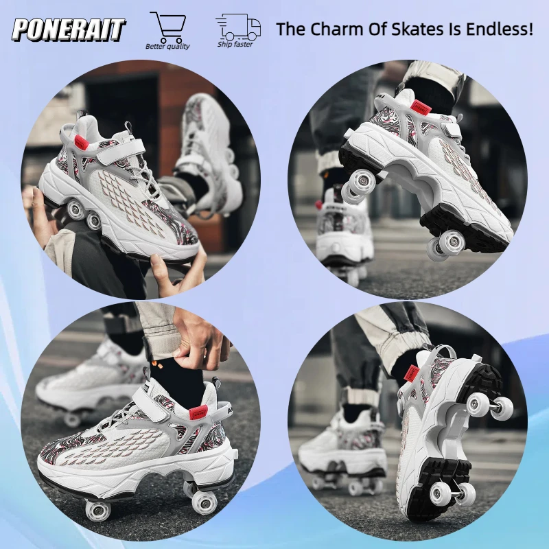 4-Wheel Professional Double Row Skates Deform Roller Skate Shoes Youth Sneakers Parkour Street Deformation Shoes Gift for Kid