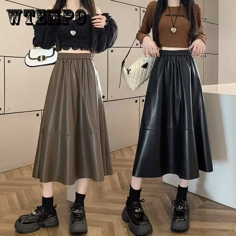 

WTEMPO Autumn Winter PU Leather Skirt for Women Female Casual Swing Skirt High Waist Skirt Female Fake Leather Skirts