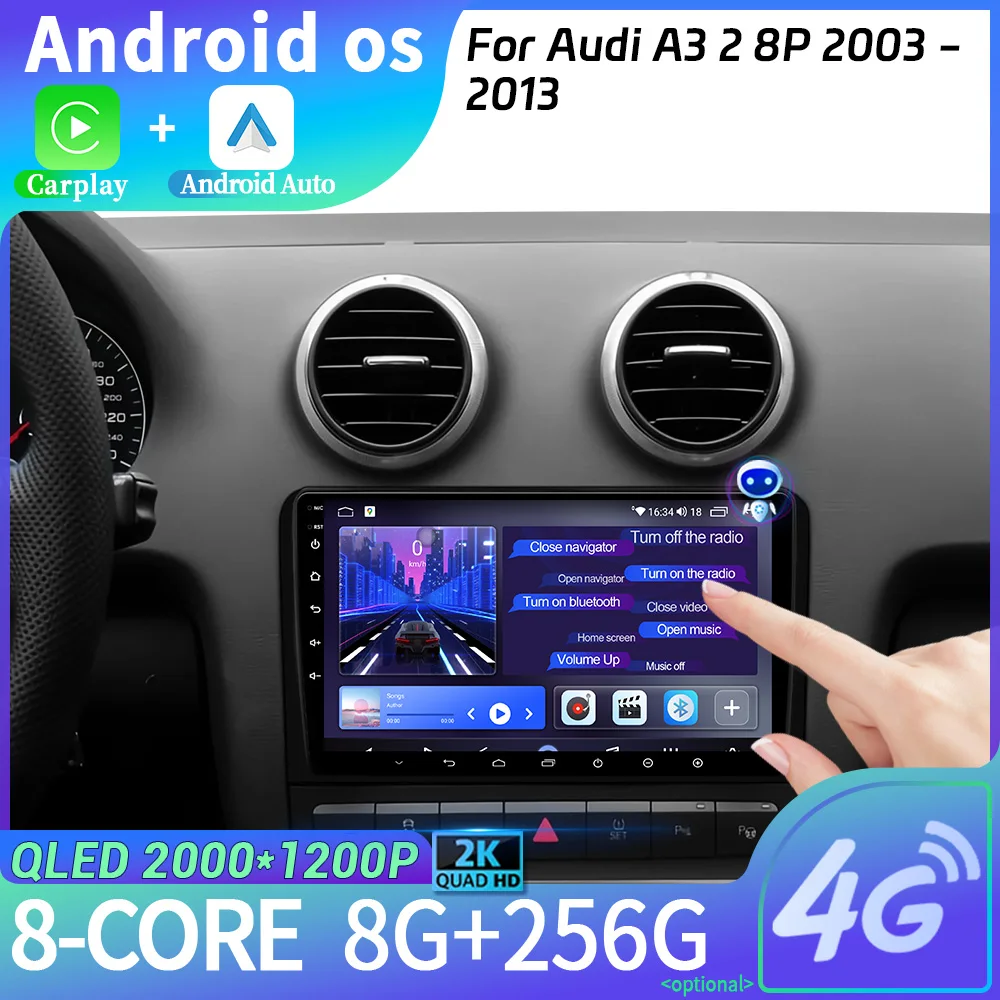 Car Radio Multimedia Navigation Android 14 For Audi A3 2 8P 2003-2013 Head Unit 2DIN WIFI Wireless Carplay Stereo Screen 