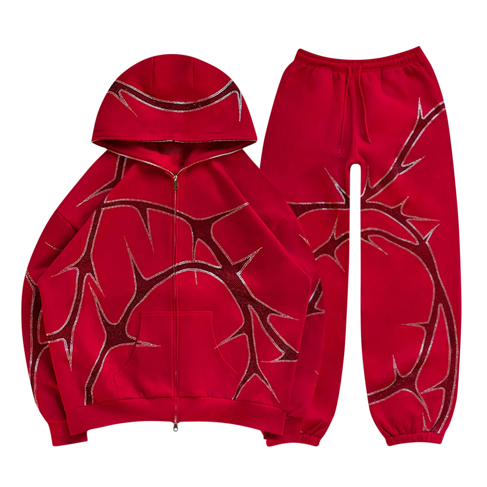 2024 New Street Hoodie Set Unisex Autumn/Winter Fashion Diamond-Ironing Full Zip Hoodie Jacket Elastic Waist Pants Two Piece Set