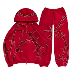 2024 New Street Hoodie Set Unisex Autumn/Winter Fashion Diamond-Ironing Full Zip Hoodie Jacket Elastic Waist Pants Two Piece Set