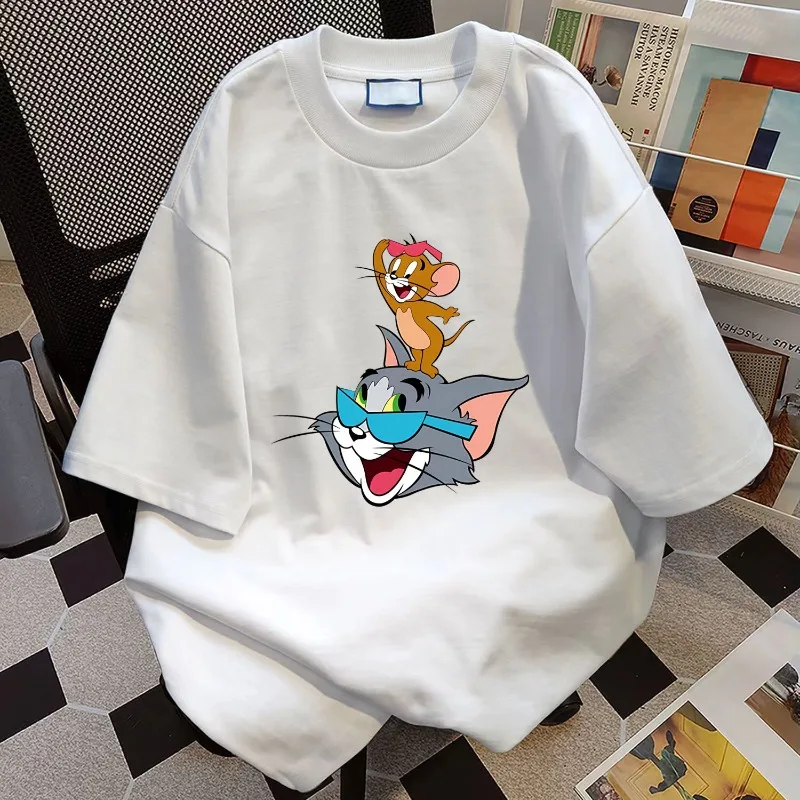 

MINISO Классическая женская летняя хлопковая футболка с принтом Тома и Джерри Диснея, модные повседневные мужские топы с круглым вырезом и короткими рукавами