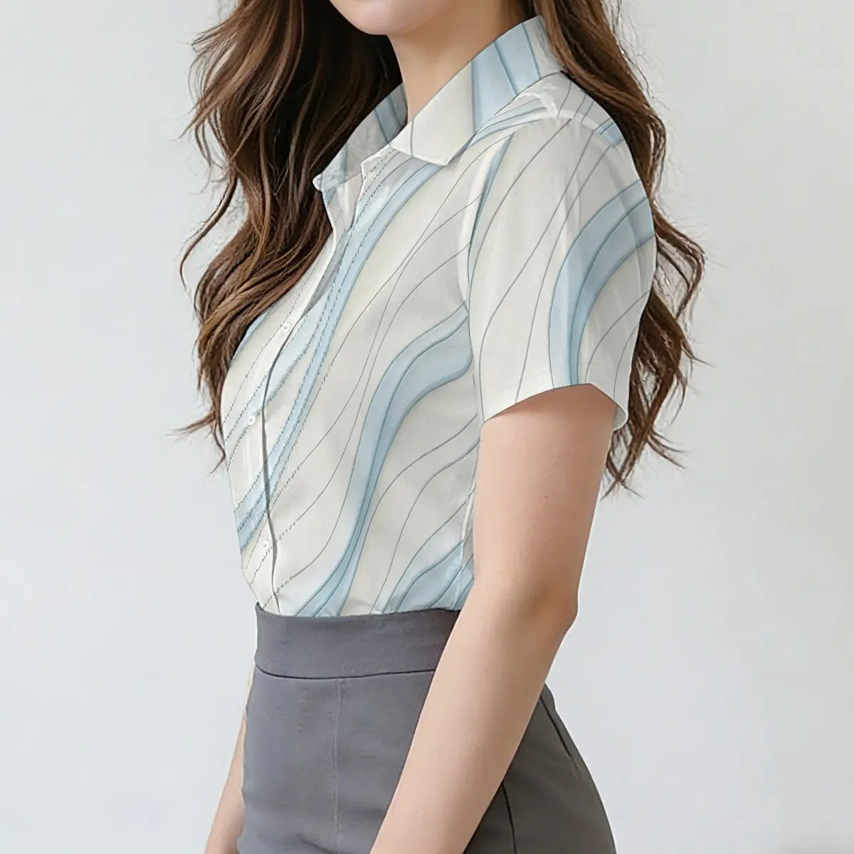 Women's summer printed short-sleeve shirt, curved stripes with gentle girly vibe, suitable for workplace, casual wear, dating