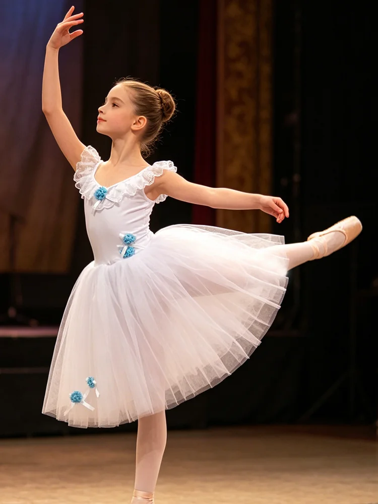 

Girls & Adults White Romantic Dress with Blue Flowers Long Swan Lake High Quality Ballet Costume for Competition & Performance