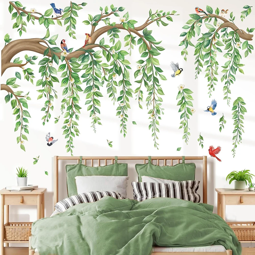 Large Tree Branch Hanging Vine Wall Stickers Green Leaf Flower Birds Wall Decals for Living Room Bedroom TV Home Decor