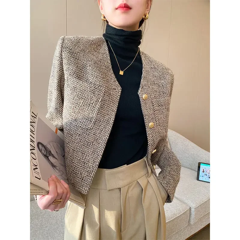 Khaki Short Women Jacket Autumn 2023 England Style Simple Tweed Coat Woman Korean Chic Single-Breasted O-Neck Outerwear