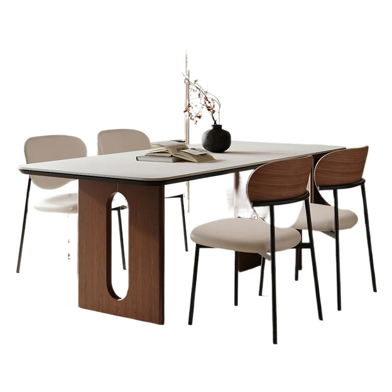 Tavolo da pranzo e sedie in lastra di roccia in legno massello, tavolo da pranzo per piccoli appartamenti, moderno, semplice, in stile medio e antico in noce