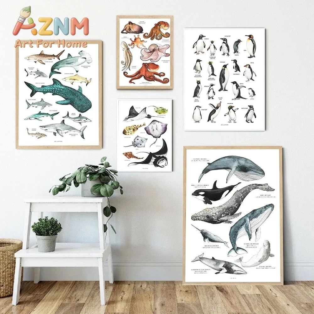 Scandinavian Simple Wall Art Rays Octopus Whale Shark Marine Animal HD Canvas Poster Print Home Bedroom Living Room Decor