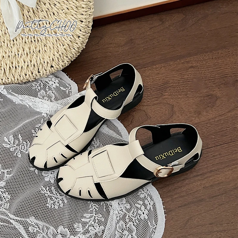 Brand Design Wrap Toe Woven Sandals Woman Round Toe Low Heel T-Strap Hollow Out Sandals Ladies Retro  Caged Weaved Strap Shoes