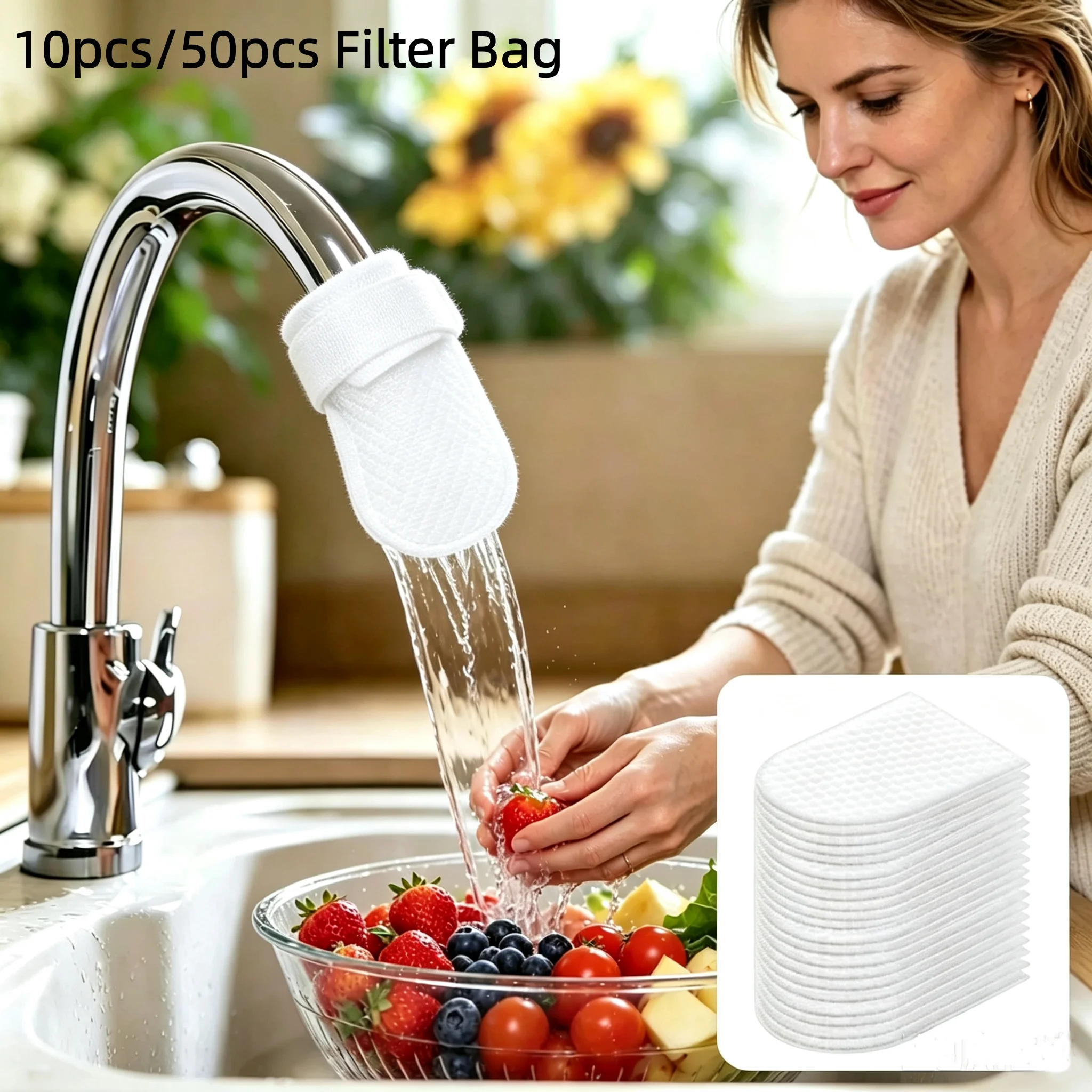 10/50 Stück Wasserhahn-Filterbeutel, mit 2/10 Stück wiederverwendbaren Riemen, Filterfunktion, universell einsetzbar für Küche und Bad, spritzwassergeschützt