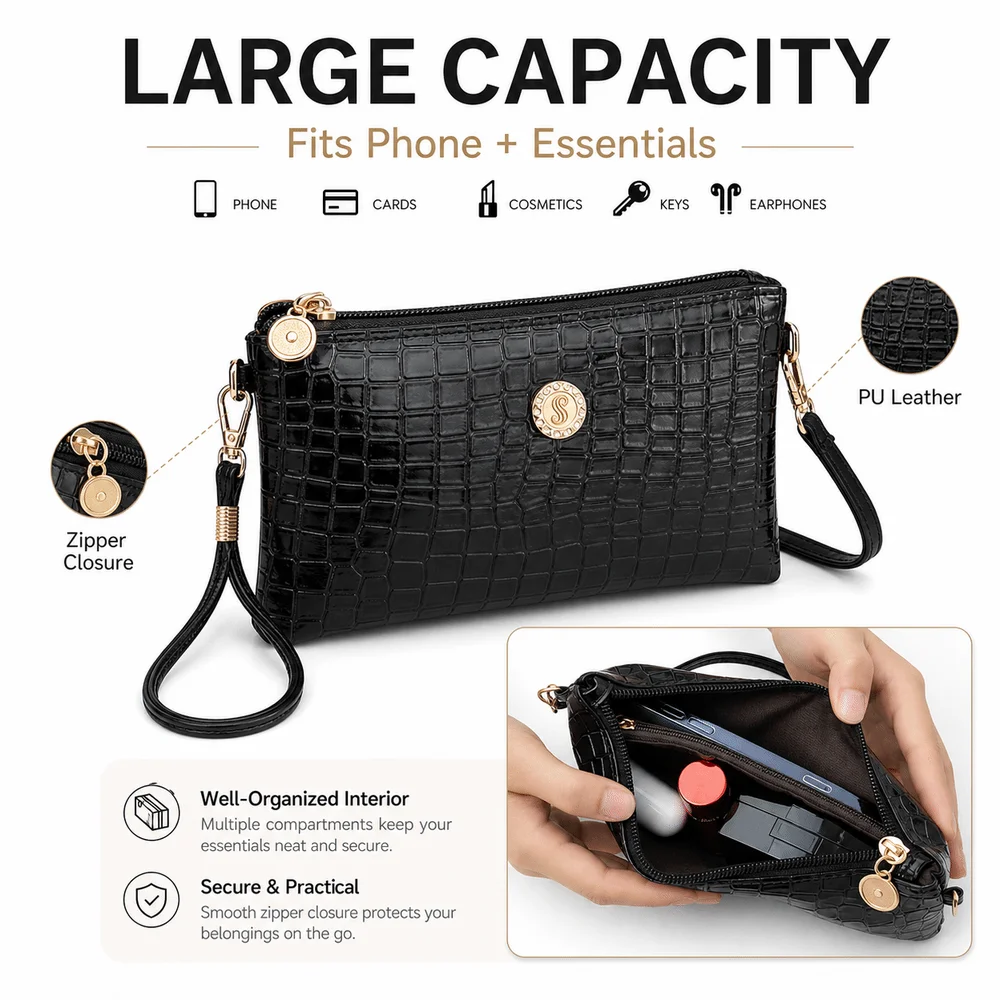 PU Leather Women Shoulder Bag Crocodile Pattern Large-capacity Coin Purse Versatile Long Zipper Crossbody Bag Everyday Use