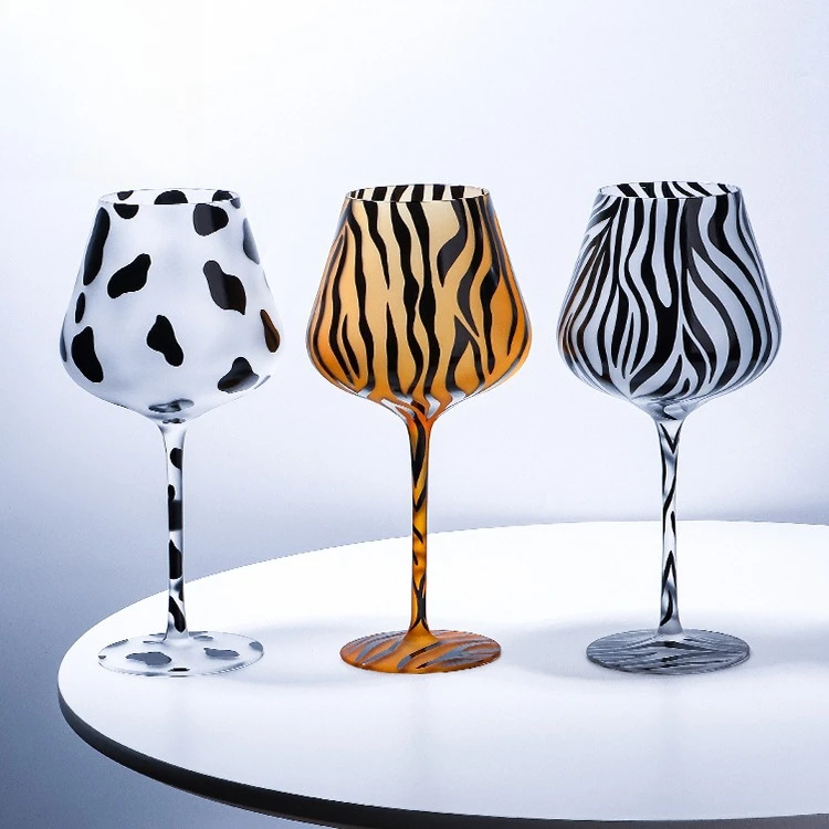 Creative Painted Tiger Leopard Highball Glass Crystal Home Use Cartoon Milk Cup Frosted Big Belly Wine Glass