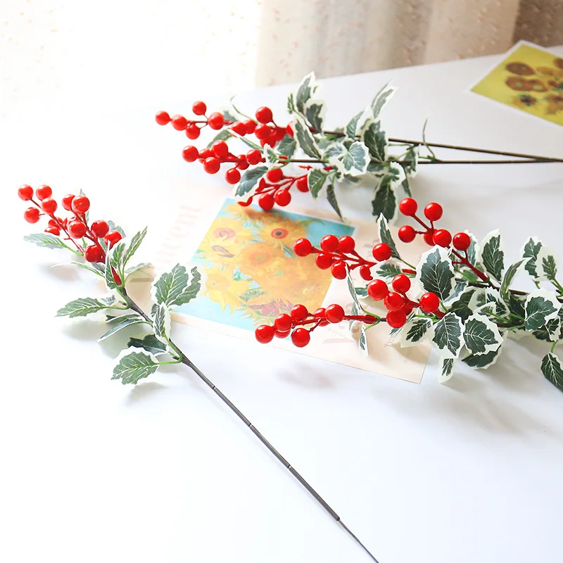 1Pc Artificial Holly Leaf Berry Red Cherry Fruit DIY Christmas Tree Bouquets Wreath Ornaments Wedding New Year Party Home Decor