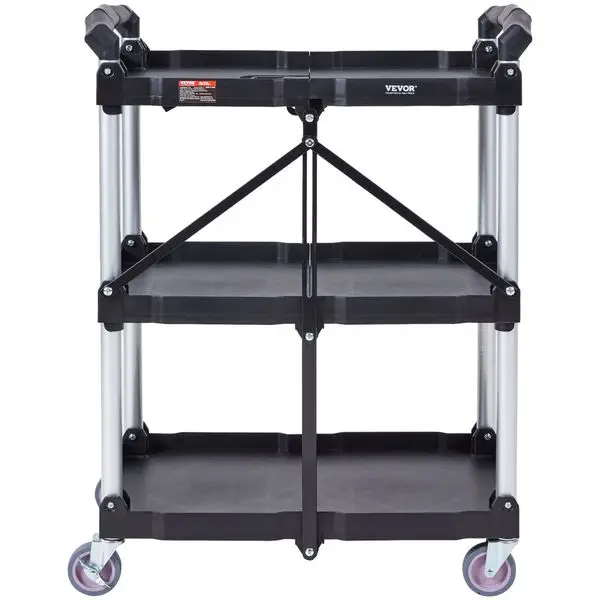 VEVOR Foldable Utility Service Cart, 3 Shelf 165LBS Heavy Duty Plastic Rolling Cart with Lockable Wheels, Ergonomic Handle, Port