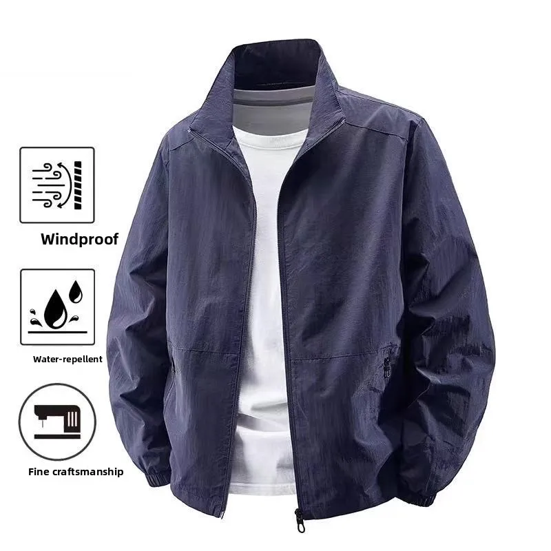 Mens Casual Long Sleeve Work Jacket Waterproof Polyester Fiber Zipper Design Spring Autumn Stand Collar Leisure Sport Coat