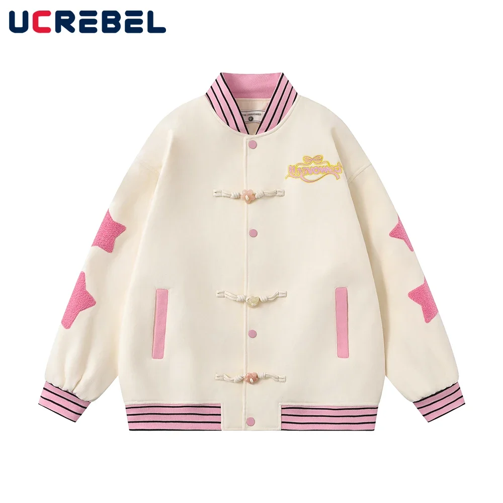 Five-pointed star Embroidery Baseball Jacket Mens Autumn Winter High Street Stand collar Long Sleeve Loose Outerwear Men