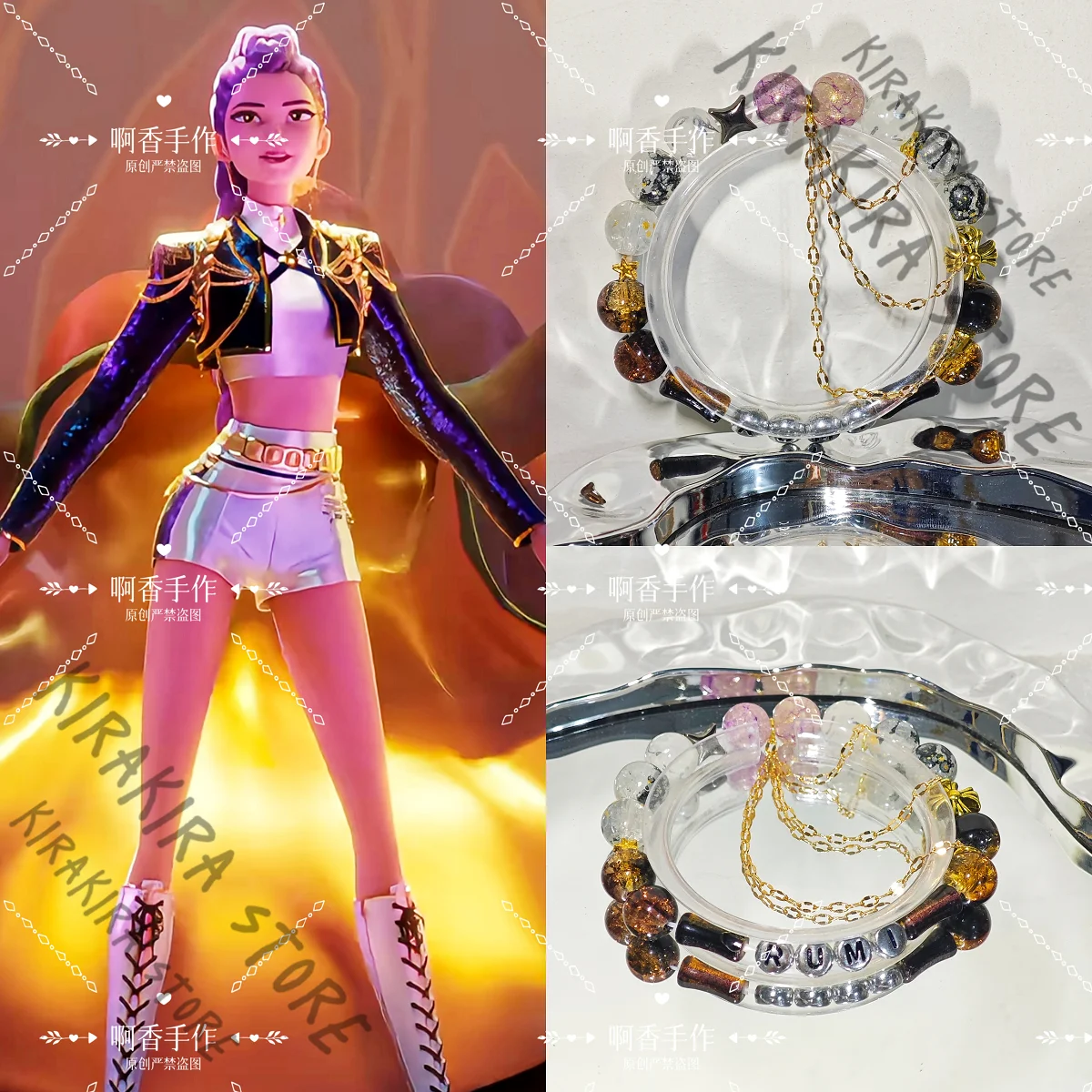 

Rumi KPop Demon Hunters Cosplay Handstring Bracelet Hand Chains Natural Stone Bead Bangle Black Gold Performance Costume Series