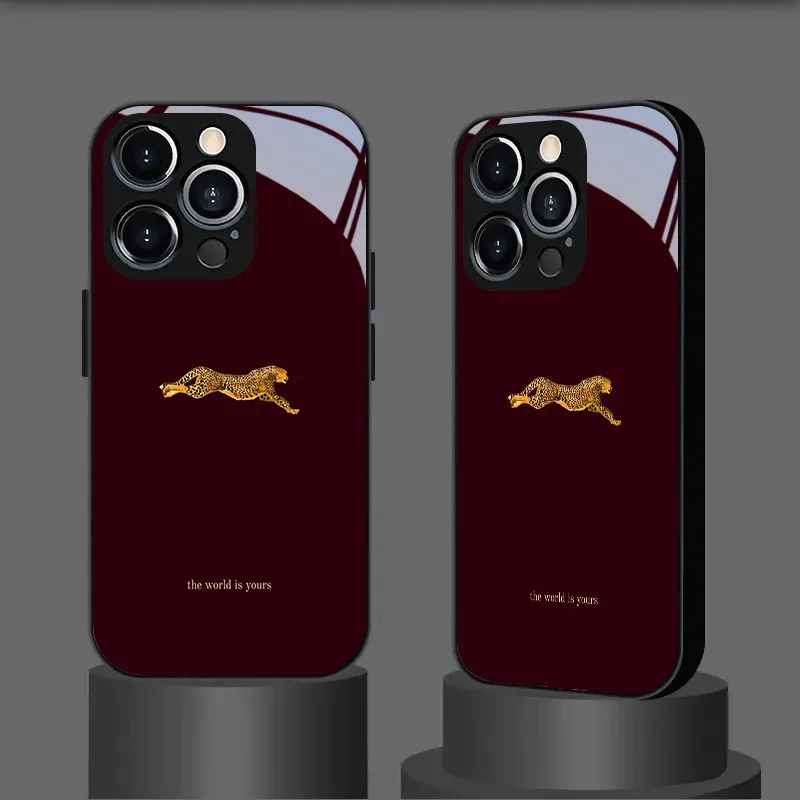 HEIßER Weinrot Leopard Muster Telefon Fall Für iPhone 17 16 16e 15 14 13 12 Mini 11 Air Pro XS Max XR X Plus Glas Silikon Rahmen