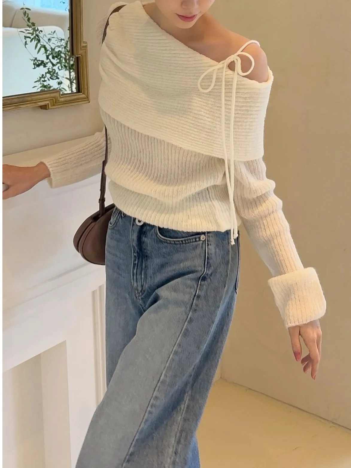 Faionable Chic oulder-baring Knitwear Women's Long Sve Top with Belt Design Spring Autumn Seasonal Ele Sle