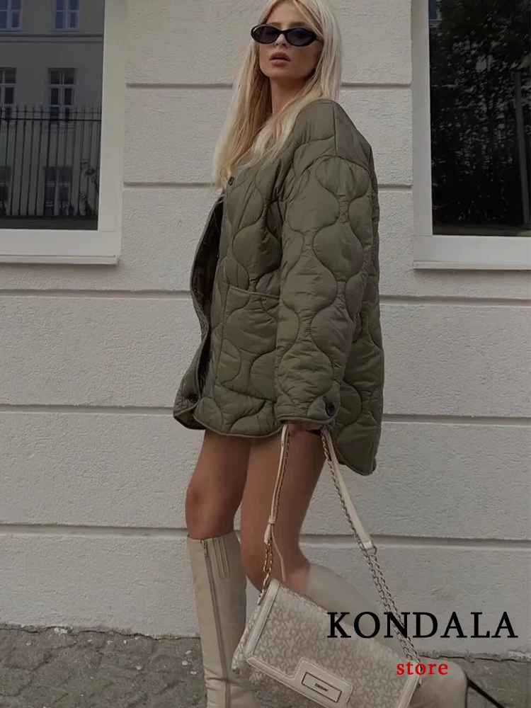 KONDALA 2022 Streetwear Green Oversized Long Jackets Women O Neck Pockets Autumn Wintet Thicken Jackets Female Casual Outwear