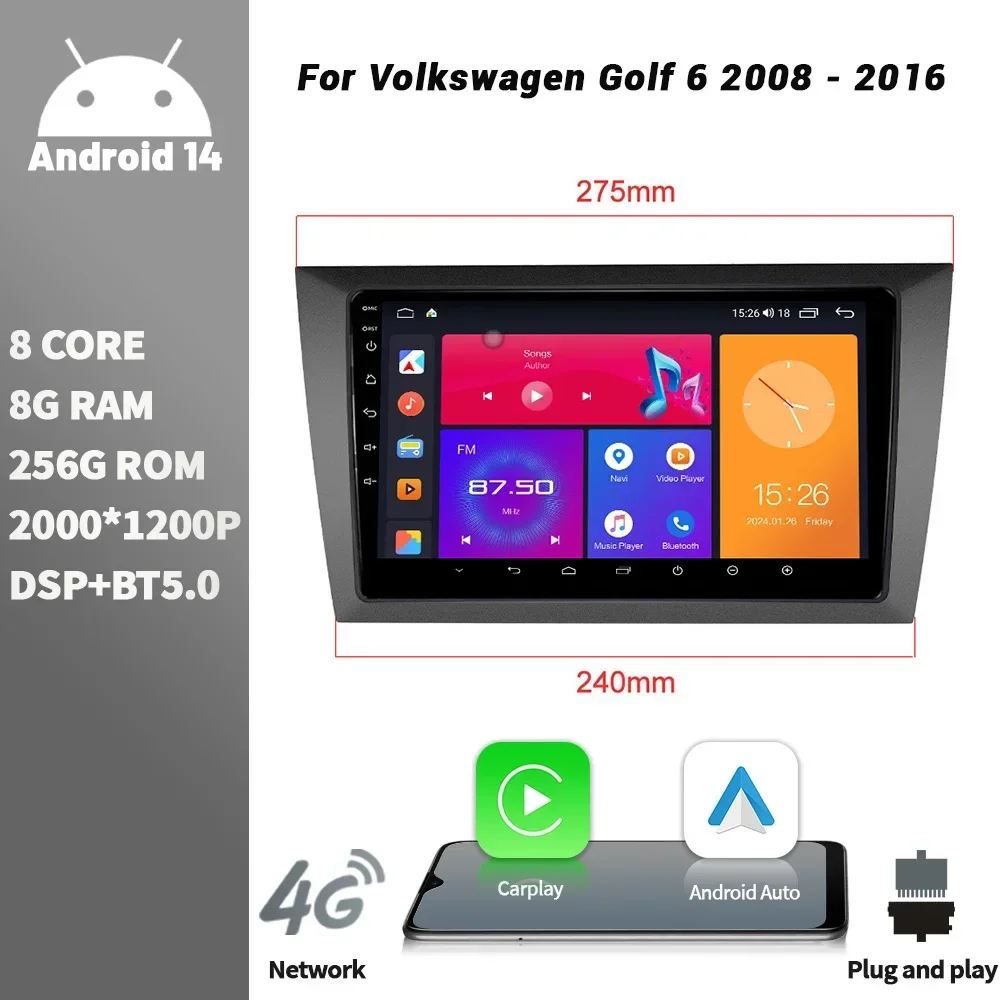 Android Bluetooth For Volkswagen Golf 6 2008 - 2016 Wireless CarPlay Screen Stereo Car Radio Multimedia Player Navigation