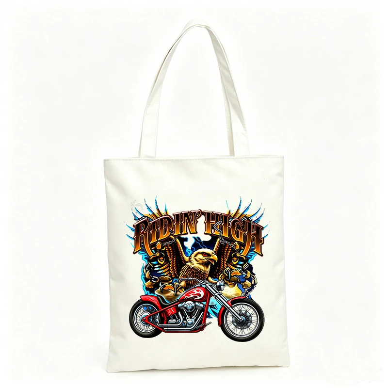 Women's canvas tote bag with eagle and motorcycle graphic, vintage style for casual shopping and daily use