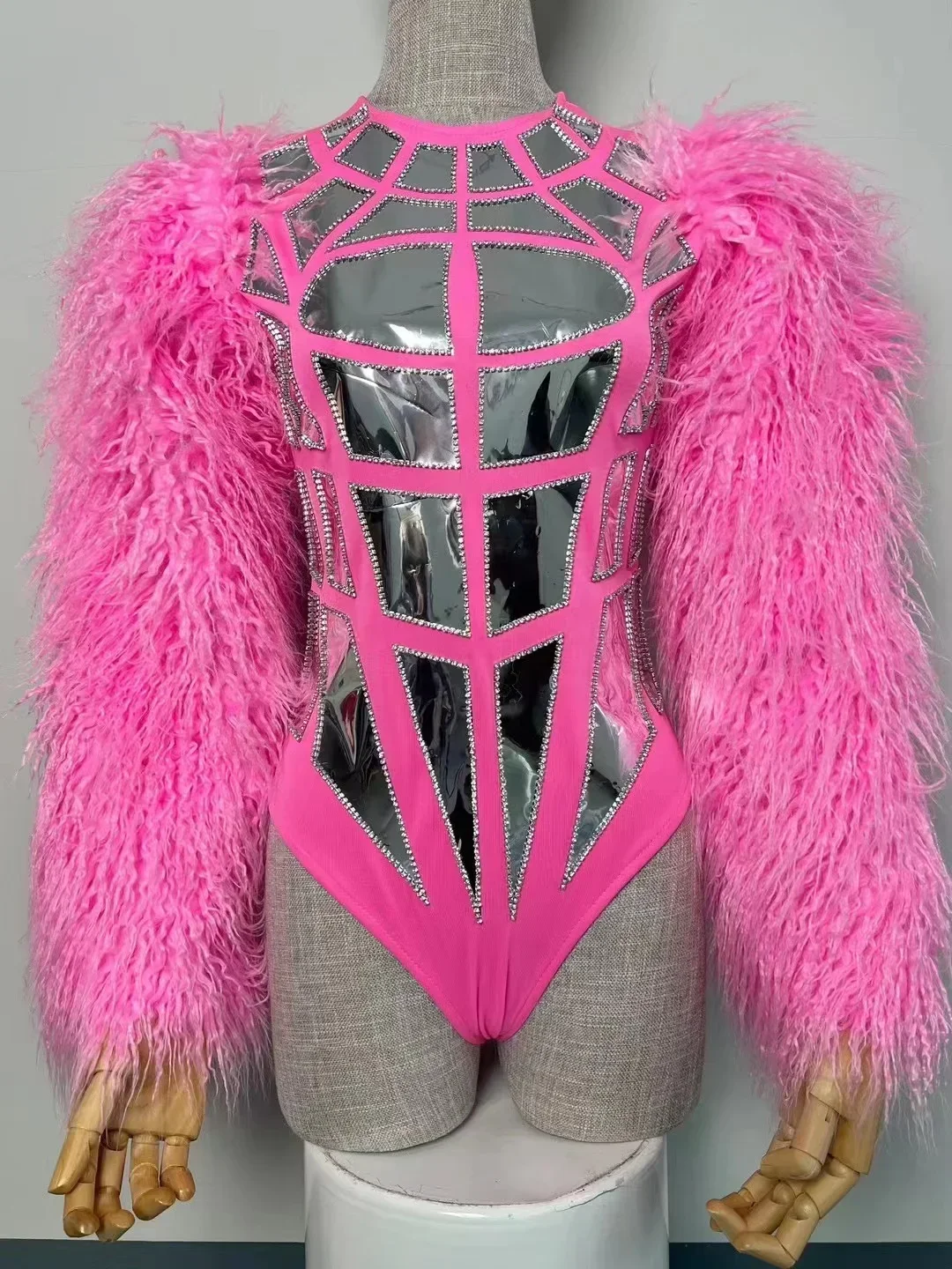 Fur Sleeve Laser Bodysuit Bar Nightclub Gogo Dance Costume Women DJ Singer Dancer Performance Stage Wear Drag Queen Rave Outfits