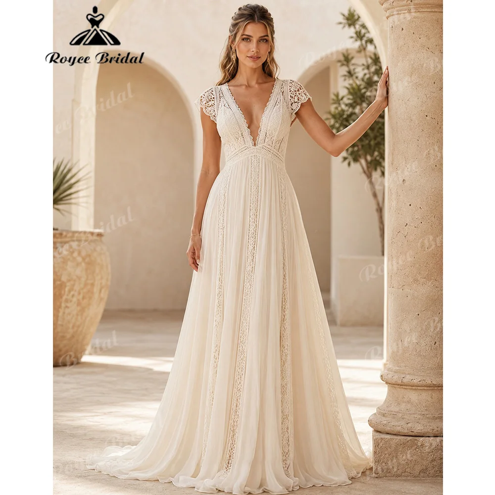 2027 Deep V Neck Cap Sleeve Boho Wedding Dress A Line Chiffon Vintage Crochet Lace Deep V Back Vestido De Novia Customized