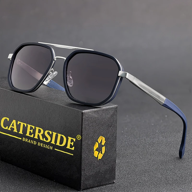 CATERSIDE Retro Polygonale Polarisierte Sonnenbrille für Herren, Punk-Metallrahmen, Flacher Oberteil, Doppelbrücke, Sonnenbrille zum Fahren und Angeln – Detail 1
