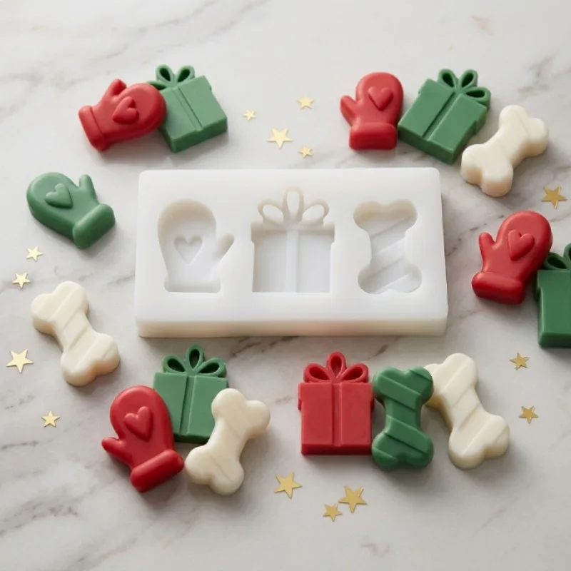 Christmas Silicone Mold Gift Box Mitten Bone Shape DIY Fondant Cake Chocolate Candy Mold Candle Plaster Resin Craft Mould